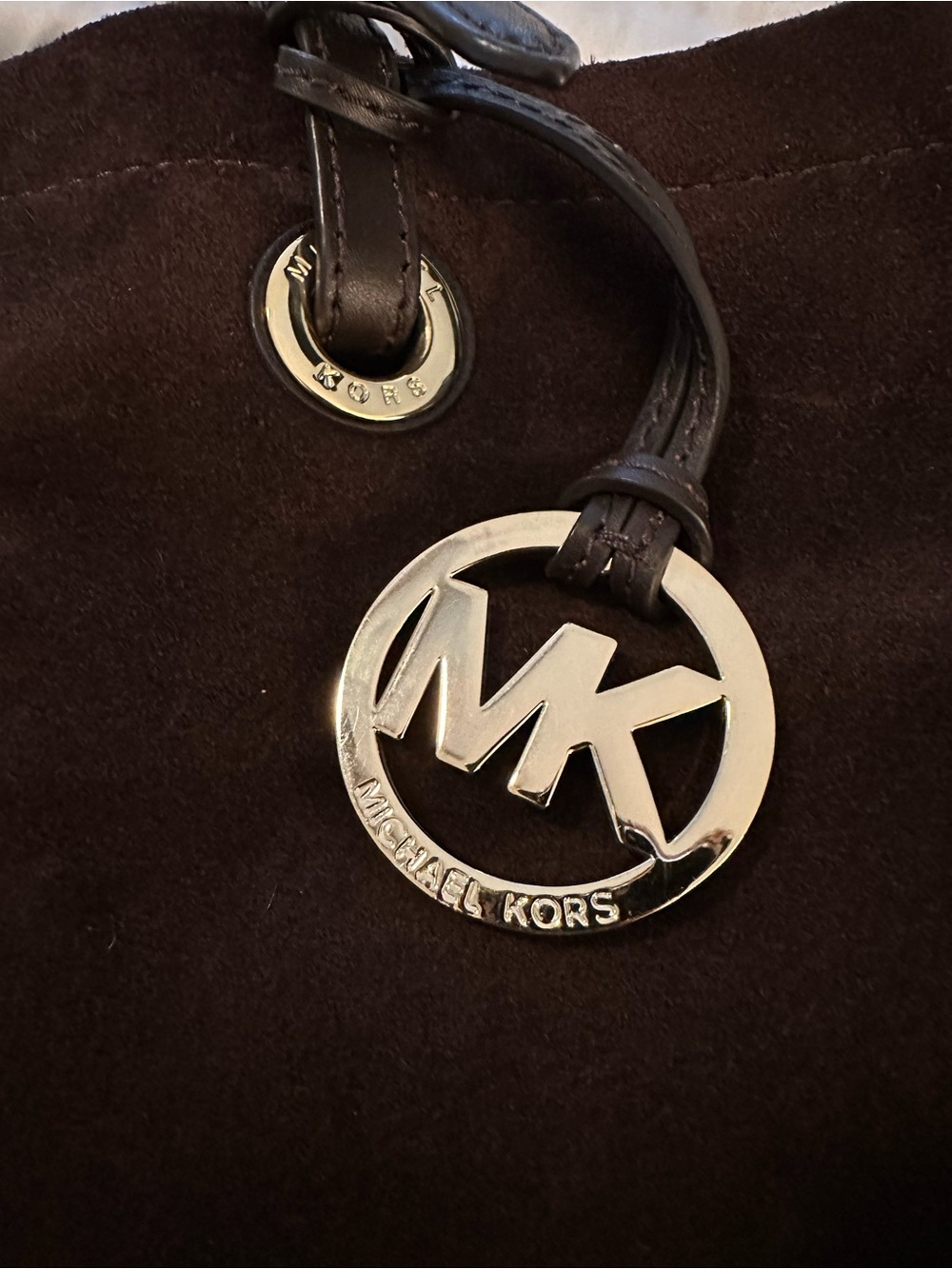Michael Kors Dark Brown Suede Tote with Gold MK Charm - Picture 2 of 3